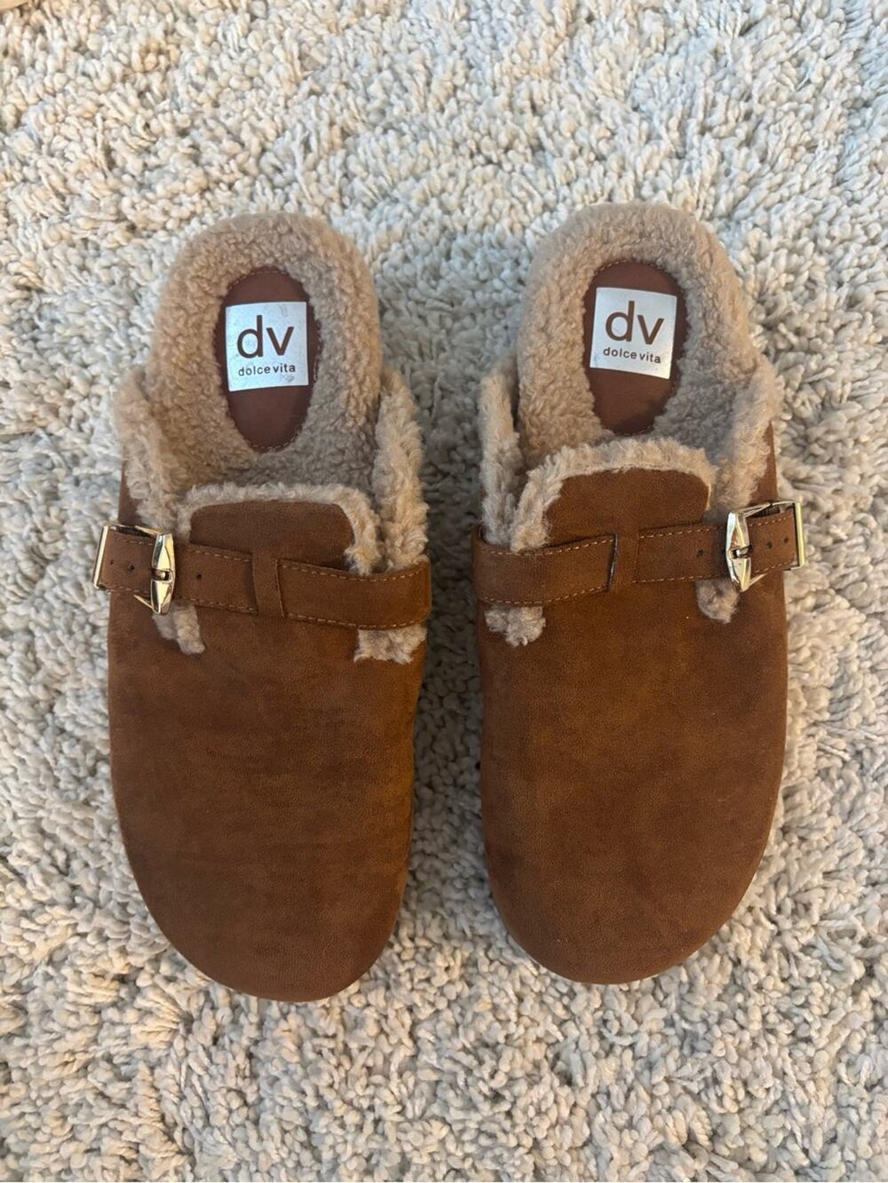 Dolce Vita Anina Cozy Mules Cognac Buckle Round Toe Slip-On Size 10
